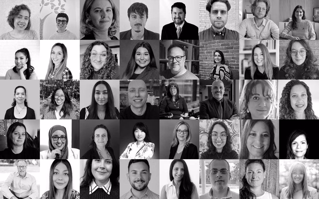 Les visages de 45 professionnels de la clinique, en mosaïque.
