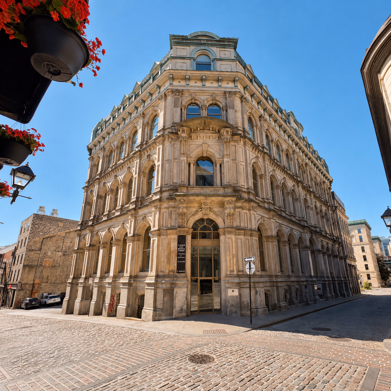 La clinique de Montréal, un immeuble de pierre grise à cinq étages qui fait l'angle de deux rues pavées du Vieux-Montréal, avec des arcades au rez-de-chaussée et un dôme au sommet.